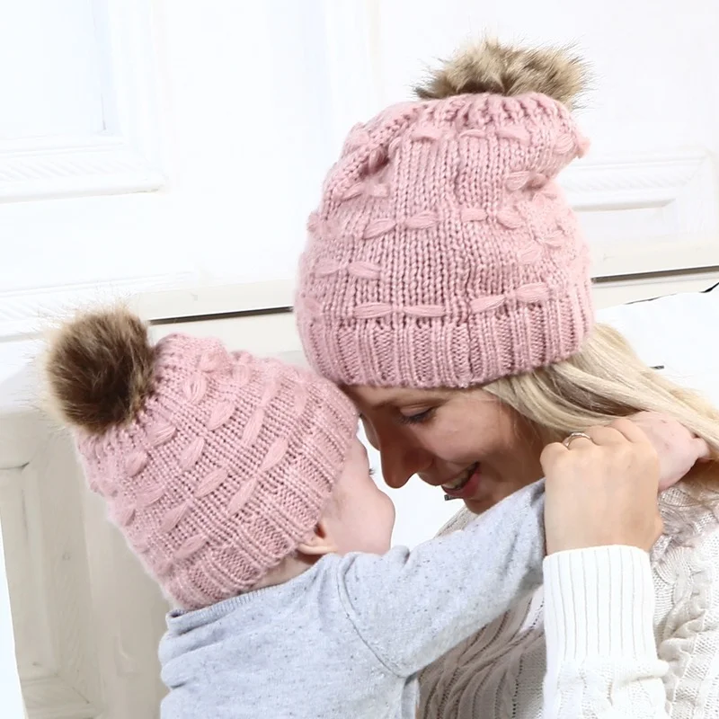

2PCS Winter Hat Women Baby Knitted Beanie Hat With Pompom Hat For Female Kids Warm Chunky Thick Stretchy Hat Skullies Bonnet
