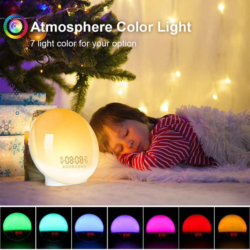 

Upgrade Smart Sunrise Wake Up Light Compatible with Alexa and Google 7 Colors Sunrise Alarm Clock with FM Radio