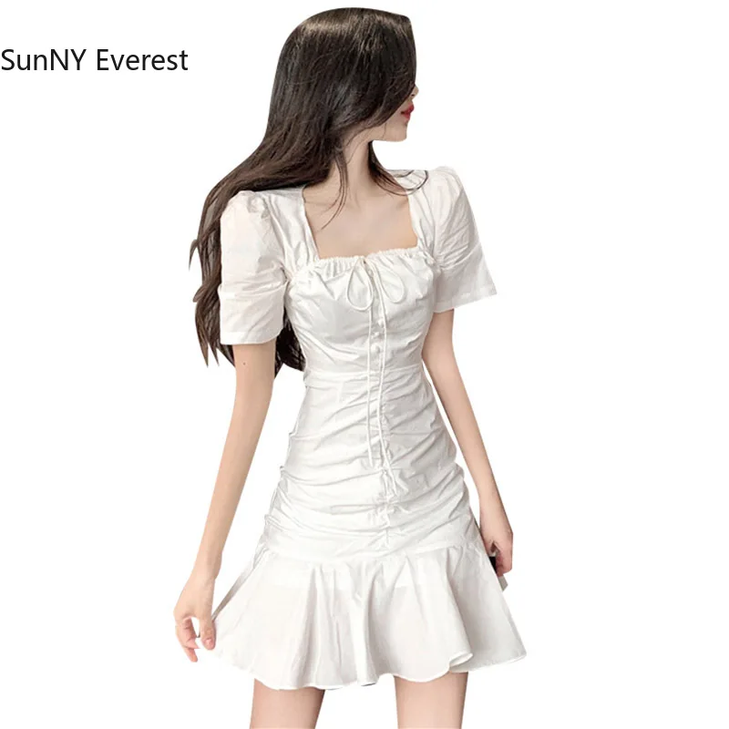 

2021 New Fashion Small Man Waist Slimming Square Collar White Ruffle Dress Short Skirt Women Clothing White Dress Dress