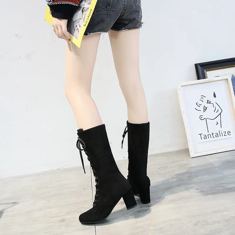 Black Women's Knee Boots High Heel Shoes Winter 2023 Fashion Thigh High Boots Platform Ladies Snow Shoes Boots Female Plus Size