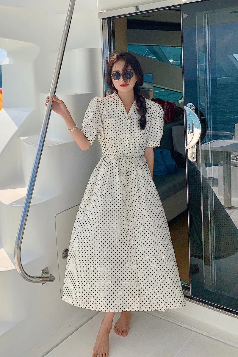 

2021 Summer Dress for Women Short Sleeve Big Swing V-neck Slim Korean Elegant Chic Mid-long Dresses Party Beach Casual Dress