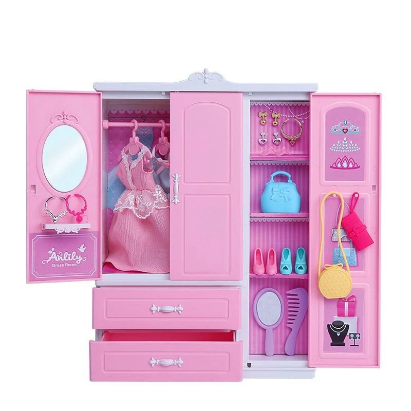 Barbies-Conjunto de muebles para casa de mu&ntilde;ecas, 31 art&iacute;culos = 1 armario + 30 accesorios para mu&ntilde;ecas, vestidos, coronas, collares, zapatos para Barbie-1