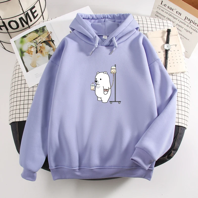 Cartoon Bear Print Sweatshirt Kpop Fashion Kawaii Graphic Warm Hoodies for Women Korean Style Long Sleeve Sweetshirt for Girls