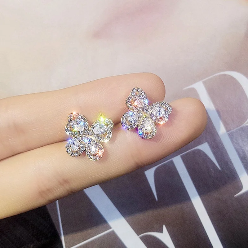 Модные серьги гвоздики с кристаллами бабочки для женщин вечерние корейские