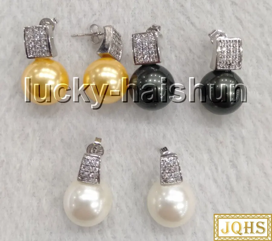 

Dangle 12mm Round Cream White Golden Tahitian Black South Sea Shell Pearls Earrings Post