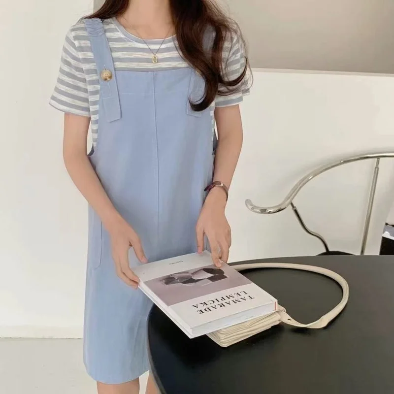 

Dress Sets Women Plus Size Korean Fashion Womens Outfits 2 Piece Striped Short Sleeve and Strap Dresses Vestidos 2021 Y138