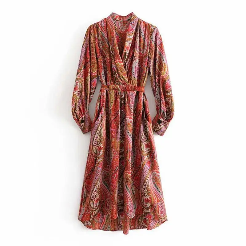

Print Dress V Neck Floral Women Vintage Long Sleeve Midi Party Dress Female Sashes Dresses Sale Items Vestidos Free Shiping