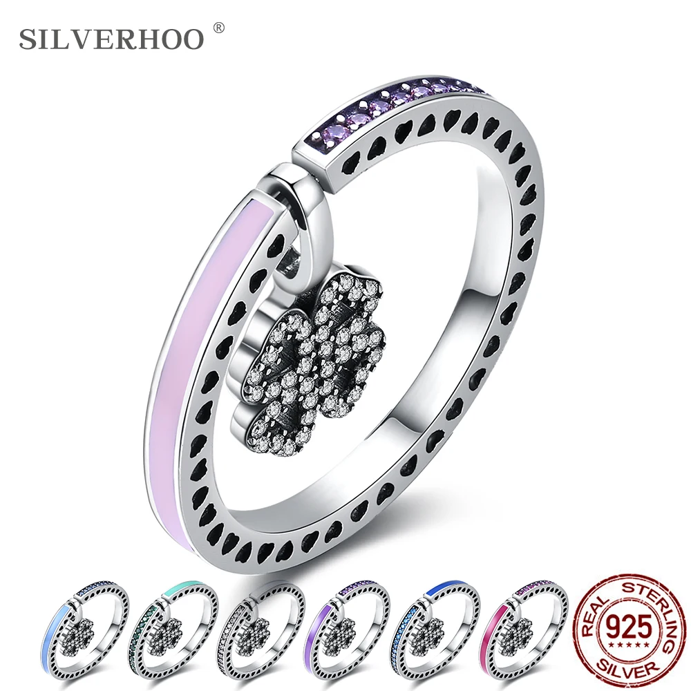

SILVERHOO Sterling Silver 925 Jewelry Hollow Vintage Ring Colorful Heart Shape Cubic Zirconia Finger Rings For Women Party Gift