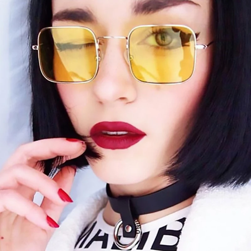 Мужские и женские квадратные очки желтые солнцезащитные с металлической