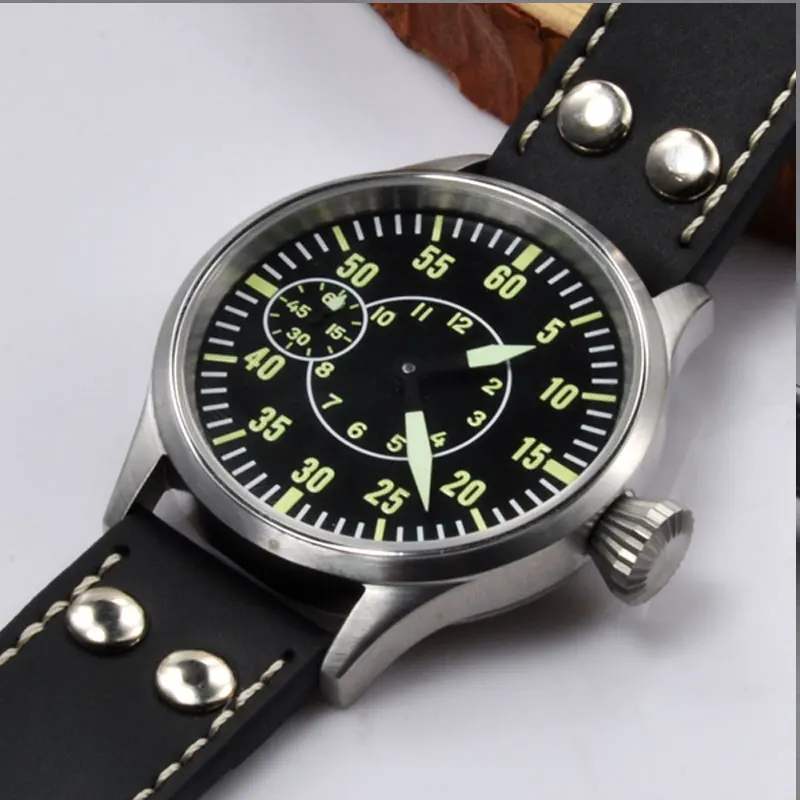 

Мужские часы с ручным заводом, 43 мм, черный стерильный циферблат, 316 SS чехол, роскошные 17 драгоценностей, 6497 сапфировые механические наручные...