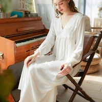 long sleeved nightdress women lounge vintage princess lace v neck cotton white long nightgown solid color homewear sleep dress
