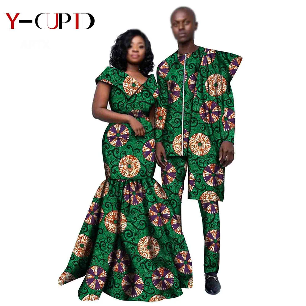 African Clothes for Couples Women Ankara Long Mermaid Dresses Lover Clothes Bazin Riche Men Unquie Shirt and Pants Sets YS20C005