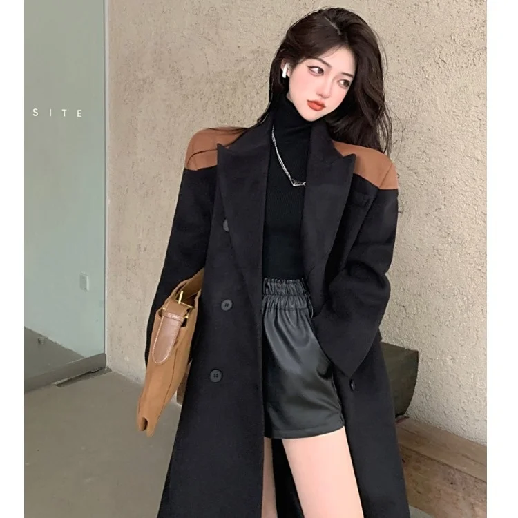 

Suit Collar Wool Coat Women's Splicing Black Long Sleeve Coat Chic Long Fried Street Temperament Top X247