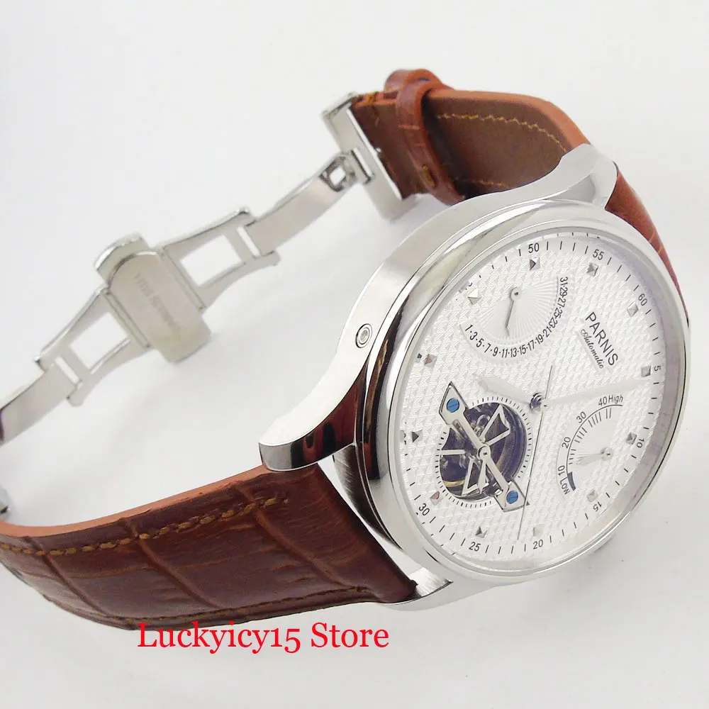 PARNIS 43mm Automatic Men Watch White Dial Date Function Deployment Clasp ST2505 Movement Power Reserve Indicator Leather Strap | Наручные