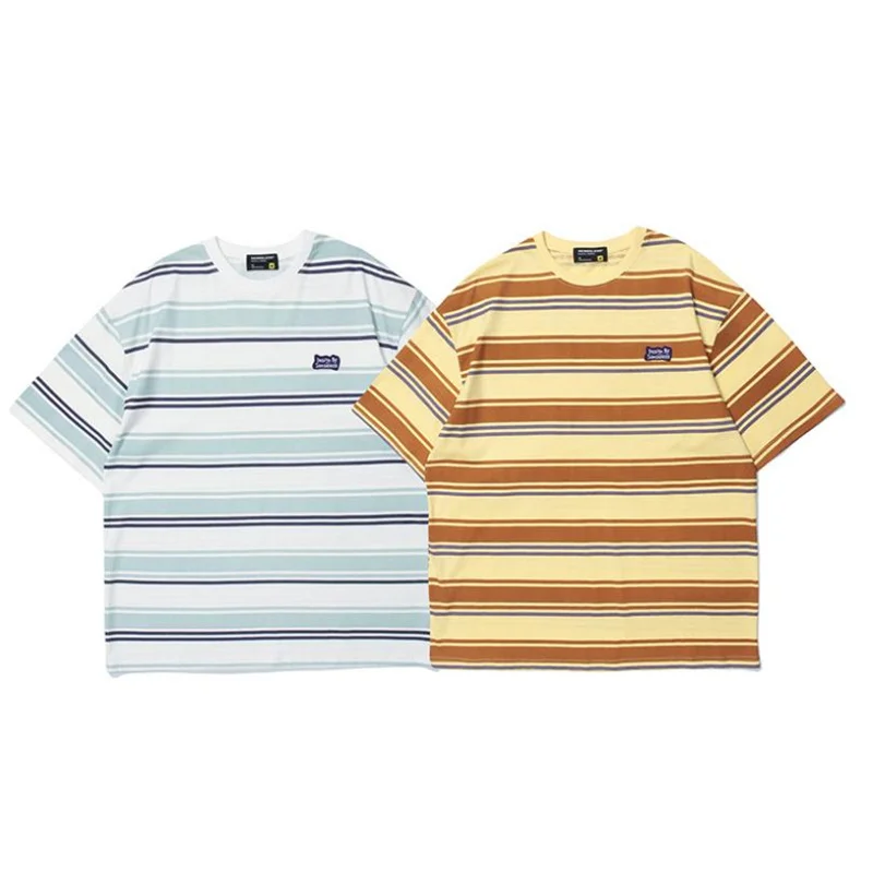 

Quality Summer Men Tees New Style Fashion Stripe Print T-Shirt Casual Simple Popular Logo Loose Personality O-Neck Young Tops