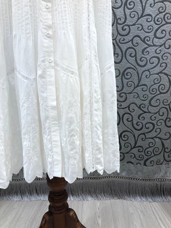 

100%Cotton Dress 2021 Summer Clothes Ladies Crochet Lace Embroidery Patchwork Short Sleeve Mid-Calf White Black Button Dress