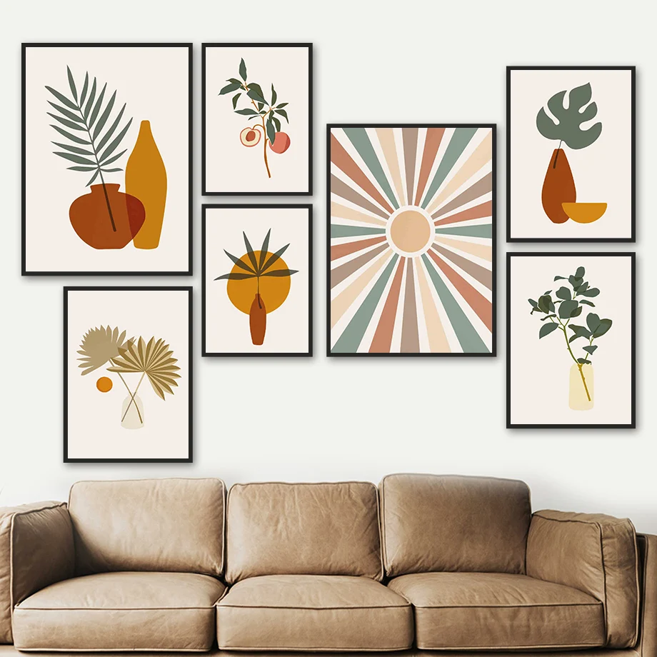 

Sun Palm Monstera Leaf Vase Line Abstract Wall Art Canvas Painting Nordic Posters And Prints Decoration Pictures For Living Room