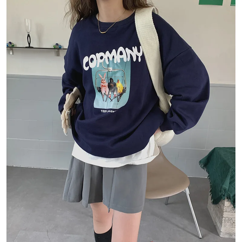 

Print Round Neck Sweatshirt Women Plus Velvet Autumn Winter 2021 New Loose Casual Long-Sleeved Ladies Hoodies Gothic Tops