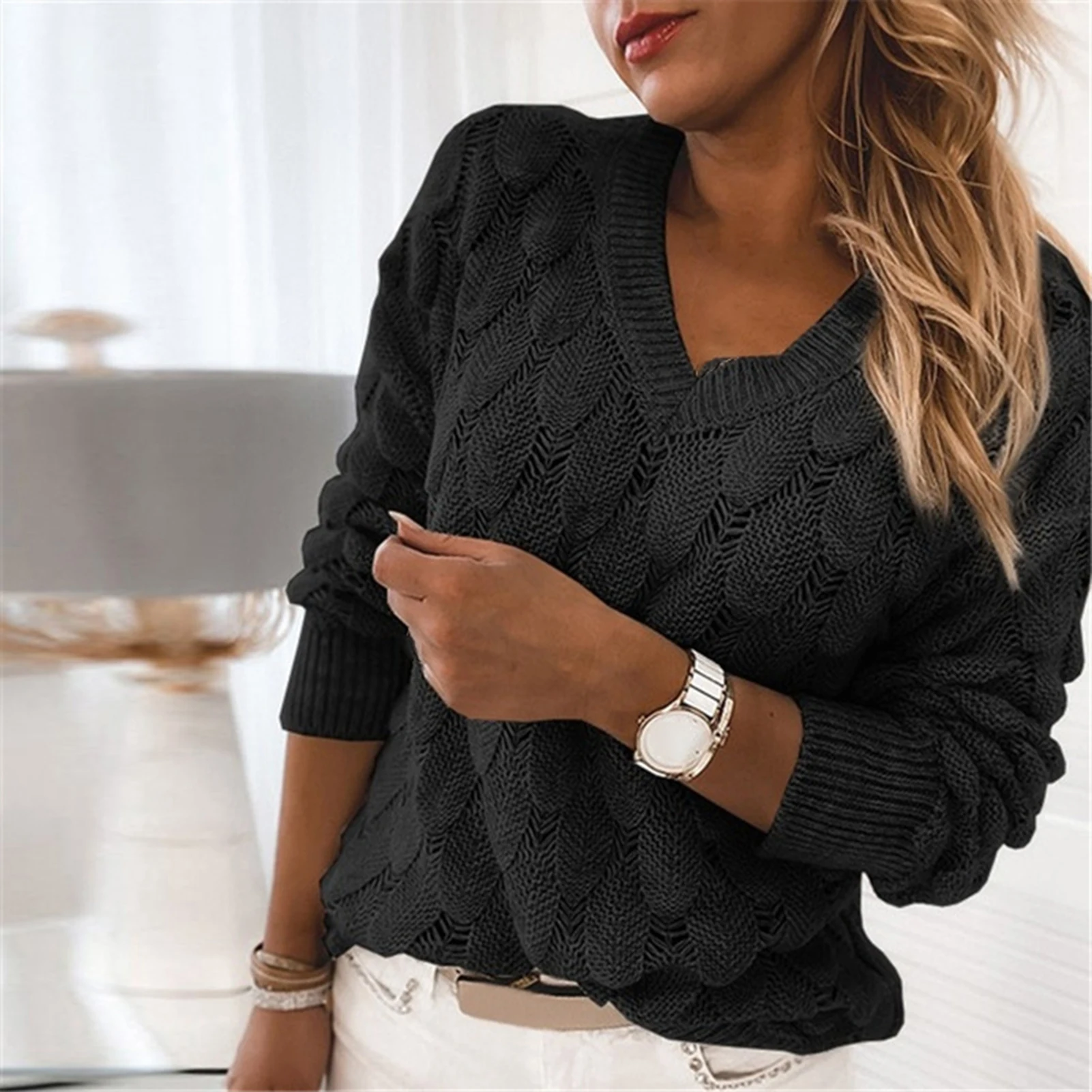 Women Sweaters pullover Autumn Winter Long Sleeve V Neck Knitted Sweater Hollow Out Feather Women's Clothing pull femme 2021