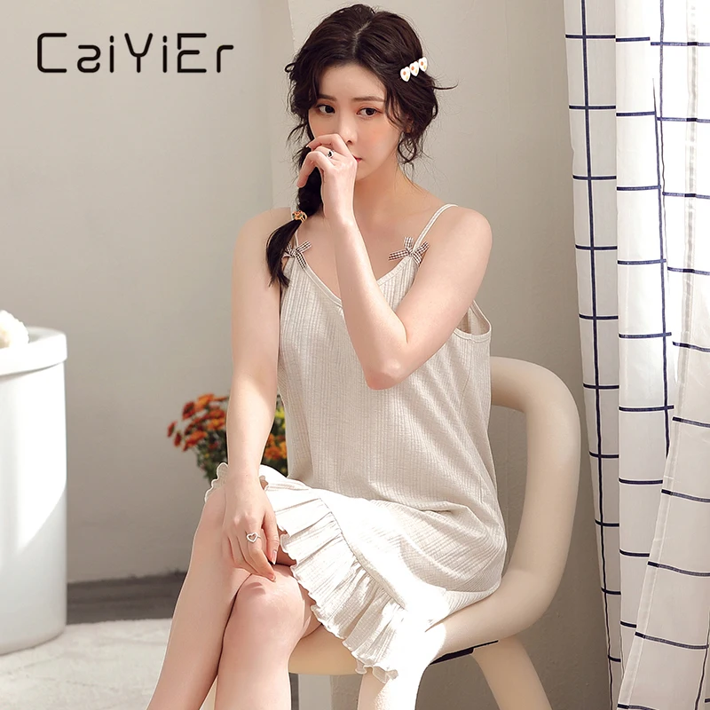 AIYIER Women Nightgowns Summer Solid Color Sexy Sleepwear Sleeveless Sling Night Wear Female Dress Girls Cotton Nightdress M-3XL