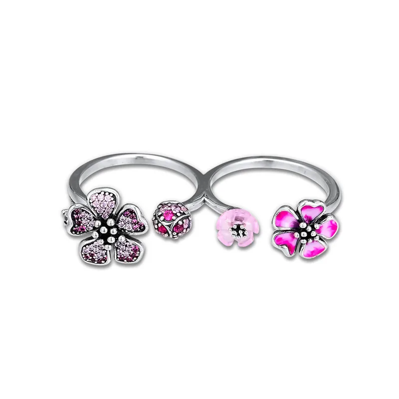 

Peach Blossom Flowers Women Rings Mixed Color Enamel 925 Sterling Silver Rings for Women Special Open Rings Jewelry 2019 New