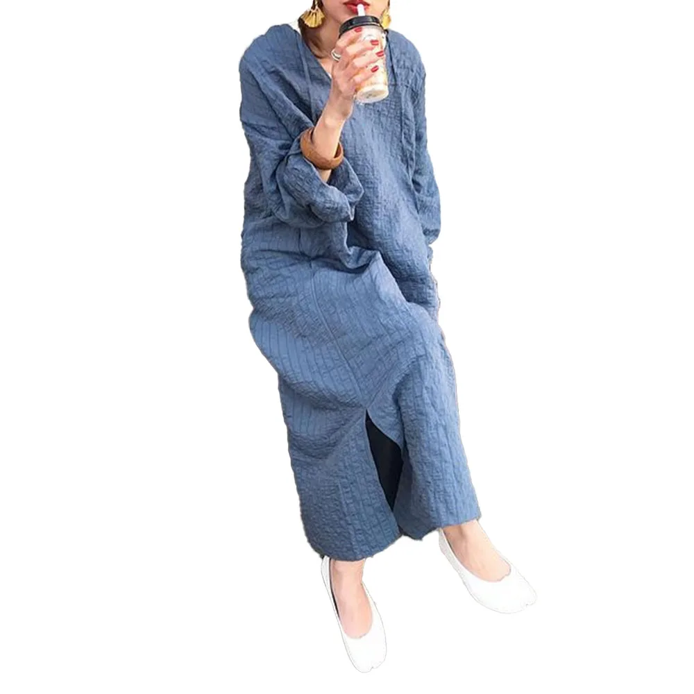 

Japanese Style Autumn New 2021 Solid Color Split Fork Dress Temperament Simplicity Casual Loose V-neck Long Sleeve Women's