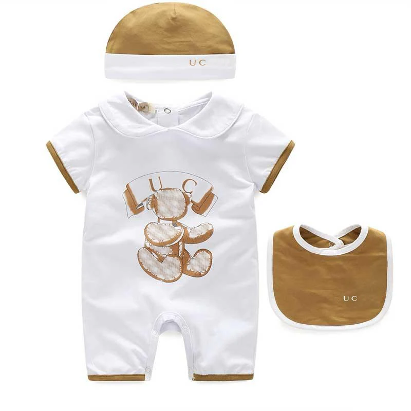 

New Summer fashion 3 PCS Newborn baby clothes unisex Cotton Short sleeve infant boy girl Romper and hat Bibs sets 0-24 months