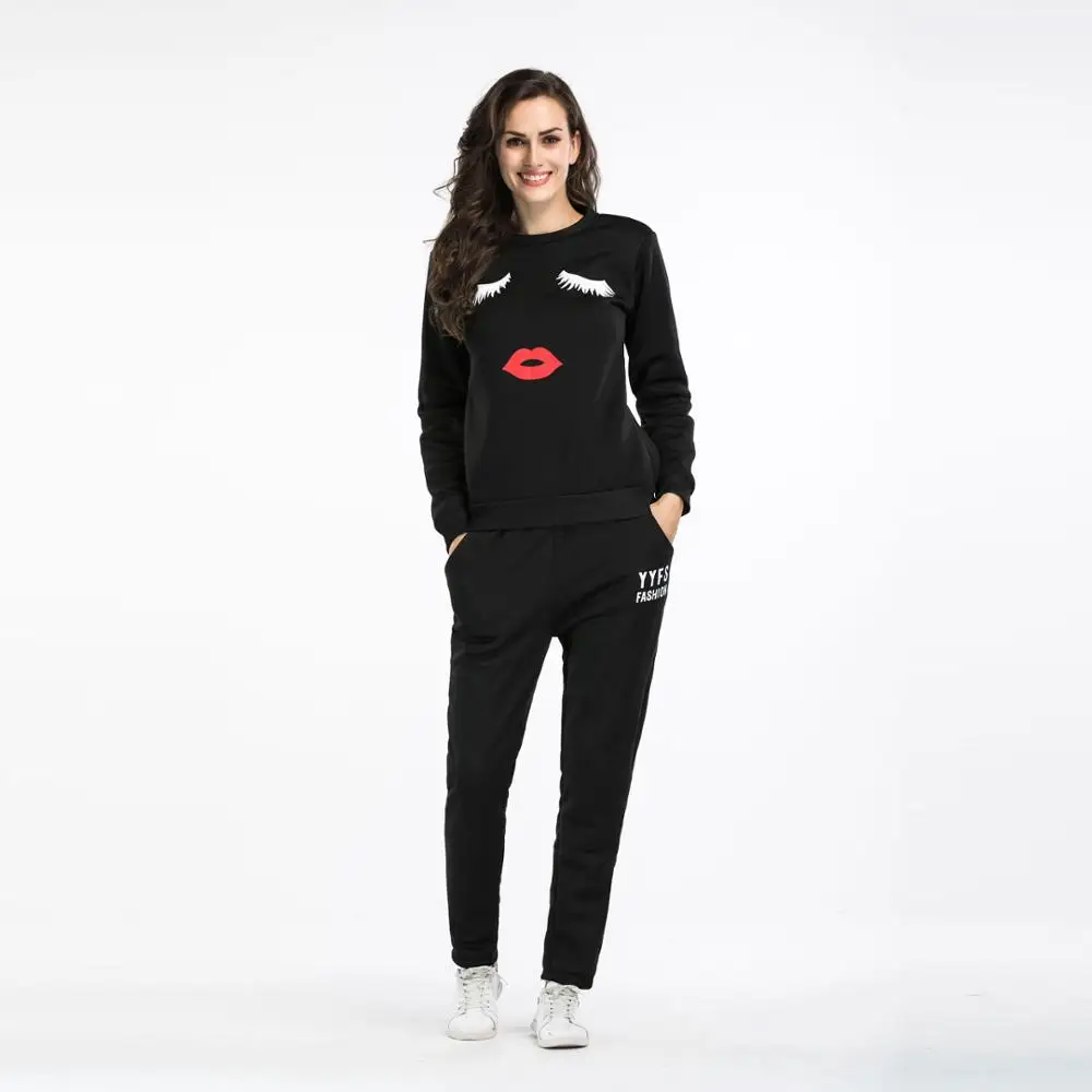 Модный женский спортивный свитер с круглым вырезом и принтом в виде губ + брюки