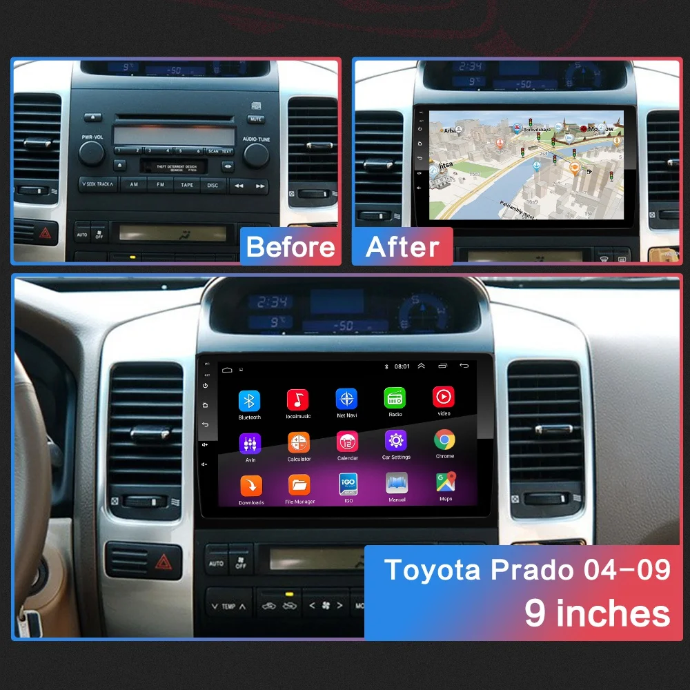 Автомобильный мультимедийный плеер 9 дюймов Android 1 для toyota Land Cruiser Prado 120 2004-2009 2Din