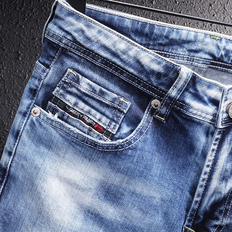 Newly Vintage Fashion Men Jeans Retro Light Blue Elastic Slim Fit Ripped Jeans Men Embroidery Designer Casual Plain Denim Pants