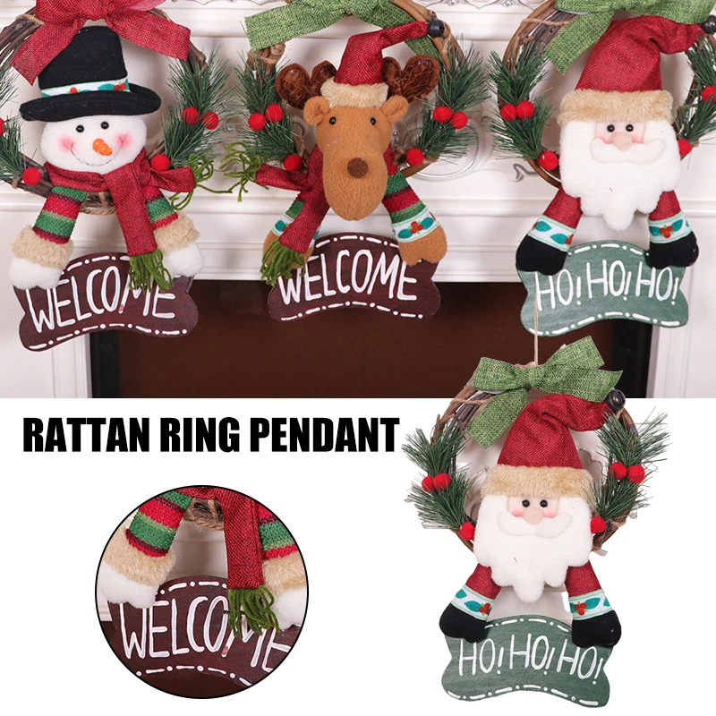 

Newly Christmas Wreath Front Door Welcome Sign Decor with Santa/Snowman/Elk Doll Hanging Home Party Garland for Wall Window