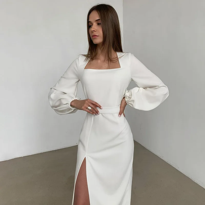 

Summer Sexy Bodycon Midi Dress Women Fashion White Lantern Sleeve Split Square Neck Streetwear Solid Elegant Dress Party 2021