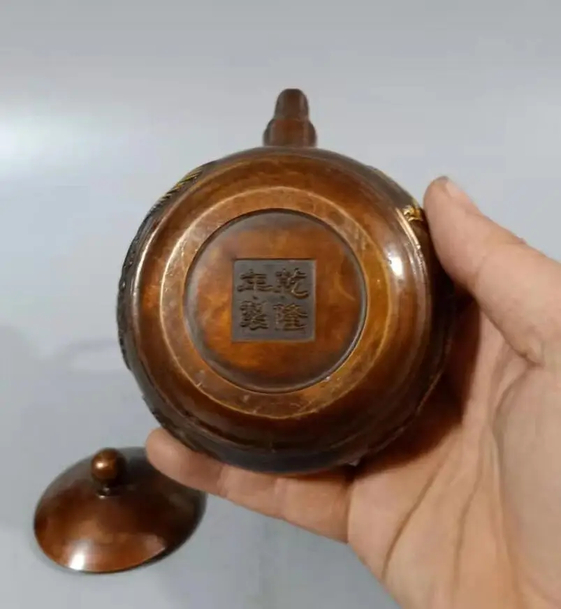 

China brass archaize bamboo dragon phoenix teapot crafts statue