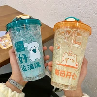 silica straw double ice cup can be used for ice coffee milk and other korean design double plastic outdoor sports straw cup