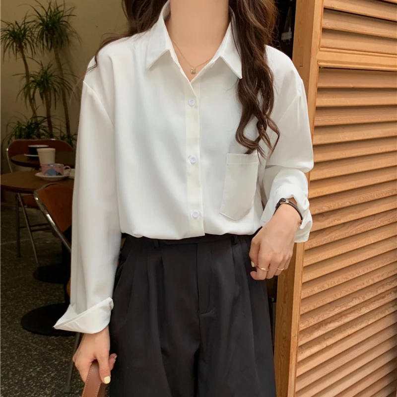 

Solid Color Casual Women Blouses Shirts Korean style Loose Vintage Pocket shirt simple basic Long-sleeved Ladies top 889C