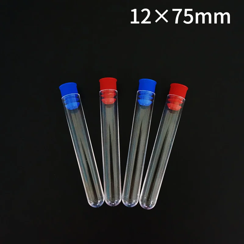 

100 шт./лот 12x75 мм прозрачные пластиковые пробирки с синей/красной пробкой нажимной колпачок для экспериментов и испытаний
