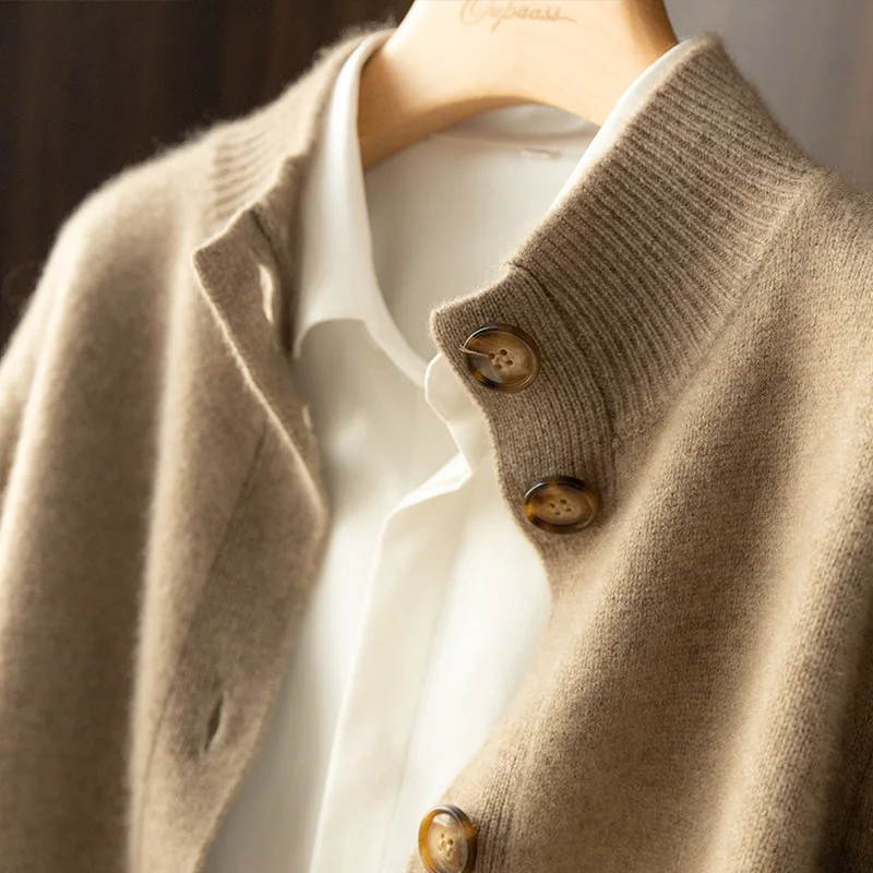 

100% Wool Cashmere Sweater Women Self-Cultivation Half High Neck Cardigan Warm Knitted Solid Color Women Sweater Coat