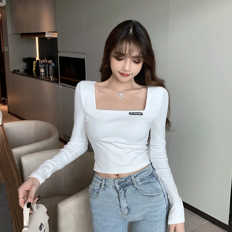 

Tight-fitting square-neck long-sleeved t-shirt high-waisted short cropped bottoming shirt women tops