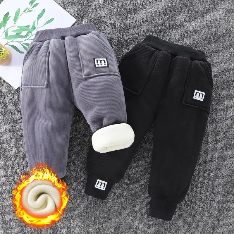 Winter Boys Fleece Solid Corduroy Pant 0-6Y Child Plus Velvet Thick Elastic Waist Straight Trousers Fall Warm Clothes Kids Pants