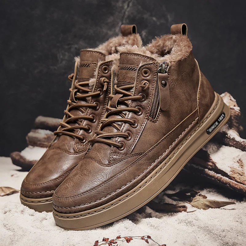

Winter Mid Cut Men's Boots With Warm Fur Trendy Outdoor Men's Trendy Boots With Side Zipper Retro Lace Up Men's Casual Shoes
