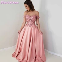 pink illusion evening dresses 2020 new off the soulder women formal party robe de soiree elegant appliques satin long prom dress
