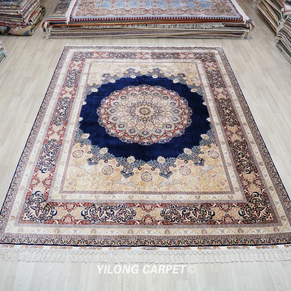 Yilong 9 'x 12 1' Qum Шелковый коврик большой синий персидский шелковый ковер ручной