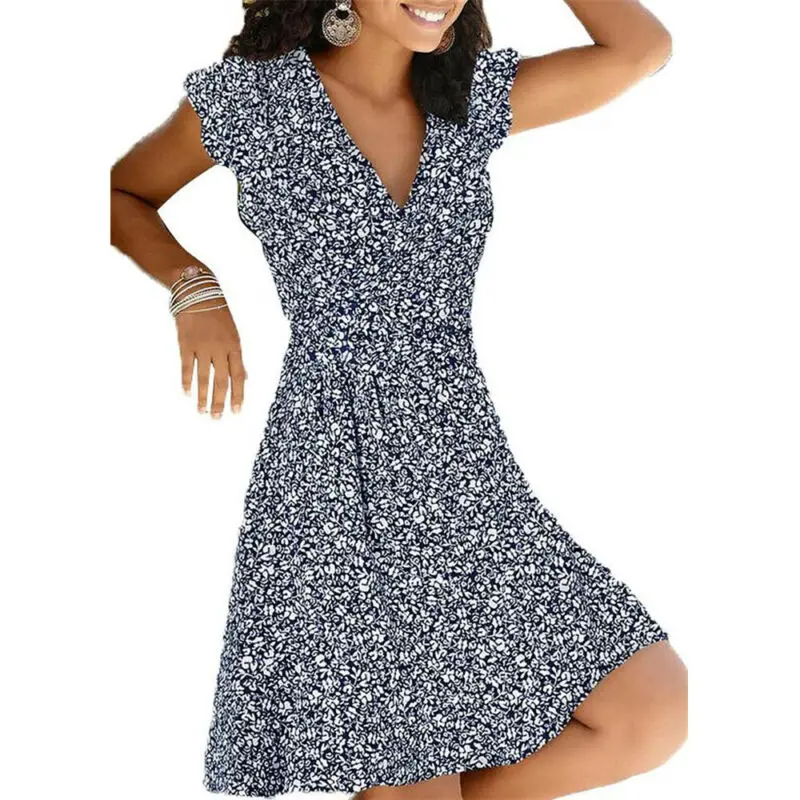 

Women Small Dot Printed V Neck Dress Casual Summer Beach Short Sleeve Dresses