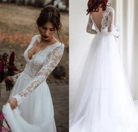 2020 a line long sleeves wedding dresses lace tulle backless bridal gowns boho vestidos de novia sexy v neck custom made