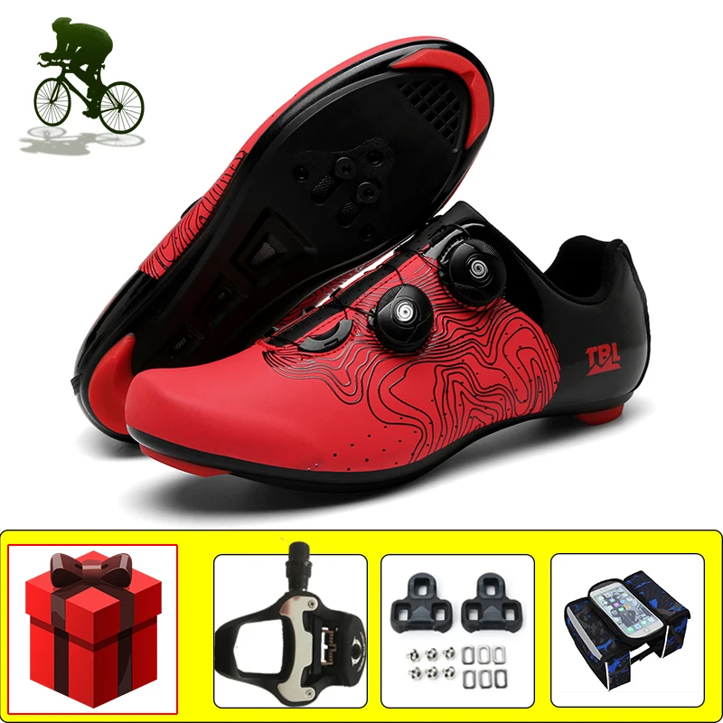 Riding Bicycle Sneakers Men Breathable Road Cycling Shoes Wear-resistant Self-locking Road Bike Footwear Add Pedals Falt Shoes