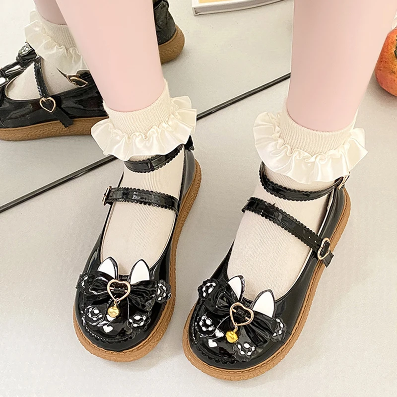 

Lovely Bowtie Mary Janes Flats Women Platform Blue Patent Leather Lolita Shoes Woman Spring 2022 Ankle Strap Flat Heels JK Shoes