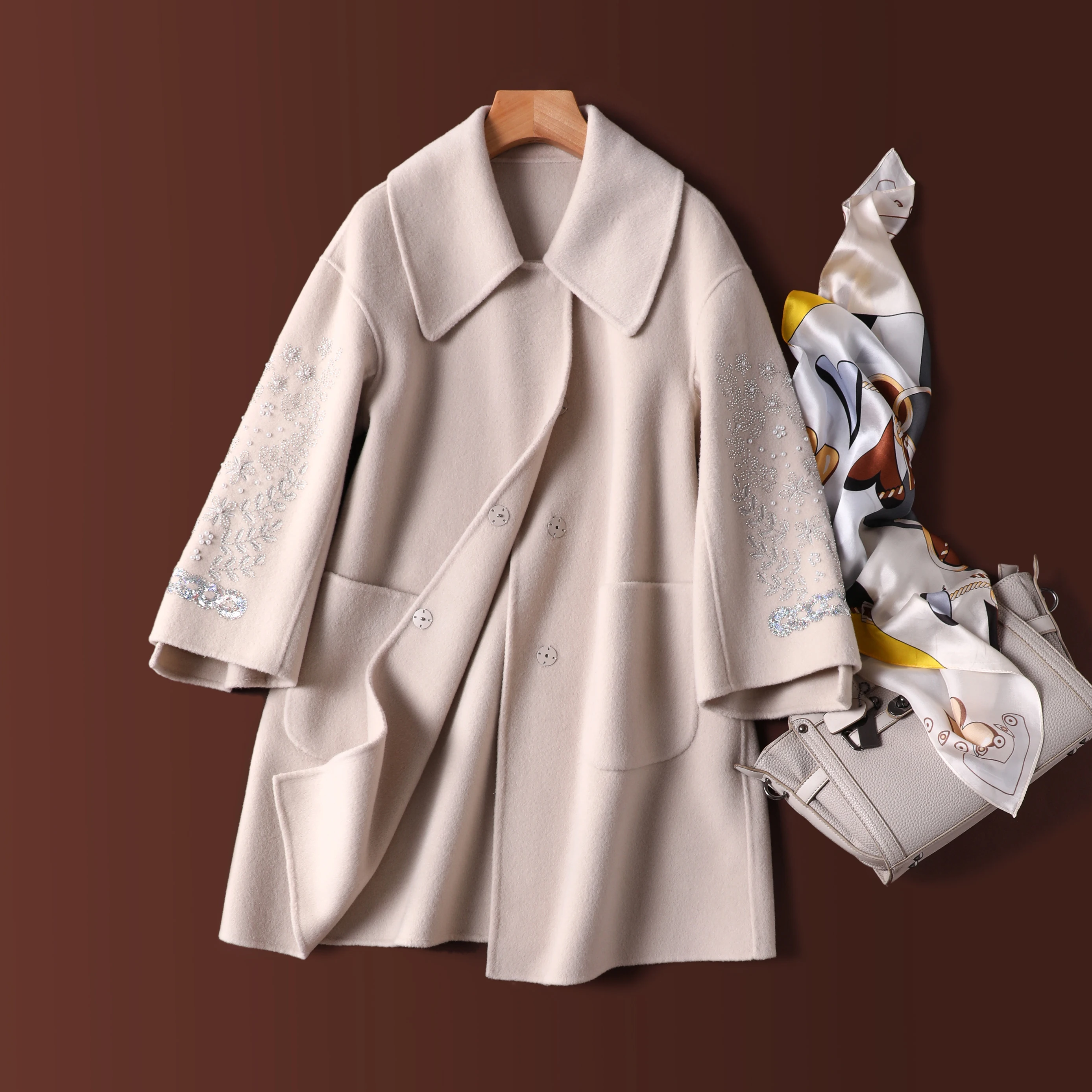 

Wool Cashmere Embroidery Pockets Luxury Sequins Beading Fall Clothes for Women Korean Coats Vintage Winter Coat