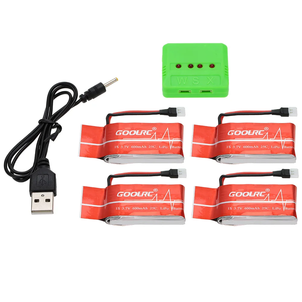 

GoolRC 4Pcs 3.7V 600mAh 25C Lipo Battery and 4-Port Charger Set for Syma X5C X5SC X5SW H5C Q7 Quadcopter QX80 QX90 QX95 RC Drone