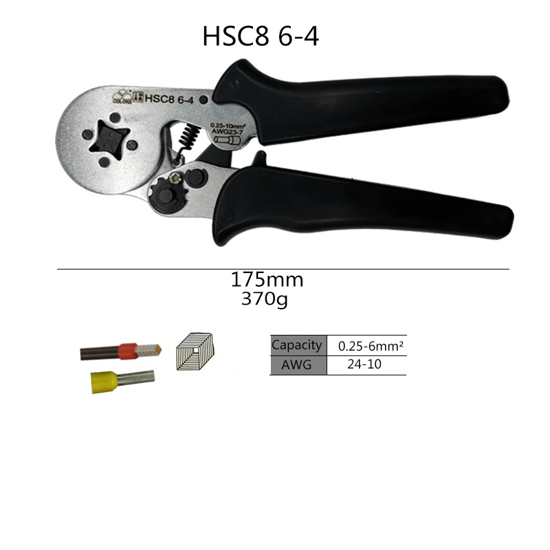 HSC8 6-4 Black Обжимные плоскогубцы ручные инструменты электрооборудование трубчатый терминал костюм HSC8 инструмент, используется для 0,25-10 мм2 23-7awg 6-4/6-6 0,25-6 мм2 - Цвет: HSC8 6-4 Black