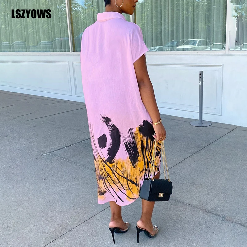 

Women Casual Print Turn Down Collar Party Shirt Dress Summer Beach Sundress Short Sleeve Button Asymmetrical Loose Midi Dresses